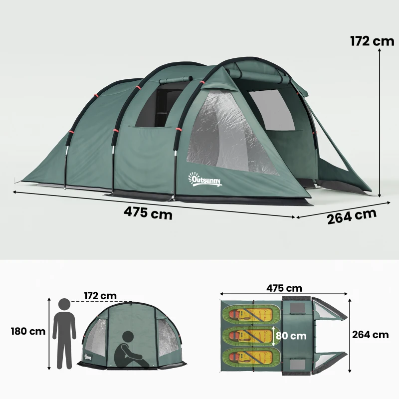 Outsunny Tienda de Campaña para 3 Personas Impermeable PU2000 mm Protección UV30+ con Bolsa de Transporte 475x264x172 cm Verde