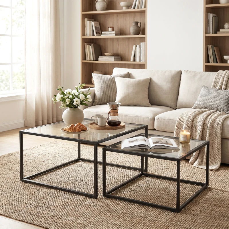 HOMCOM Couchtische 2er-Set Satztisch mit gehärteter Glasplatte und Metallrahmen, für Wohnzimmer Schwarz