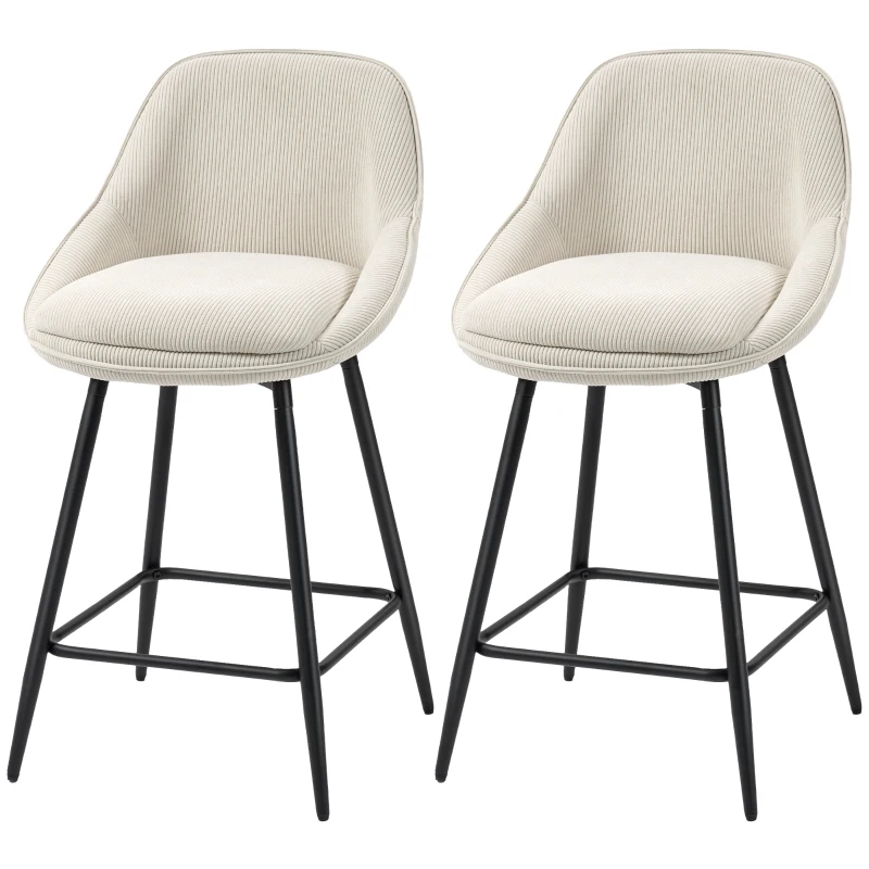 HOMCOM 2er-Set Barstühle mit Cordbezug und Stahlbeinen, Polsterstühle für Kücheninsel, Esszimmer, Creme