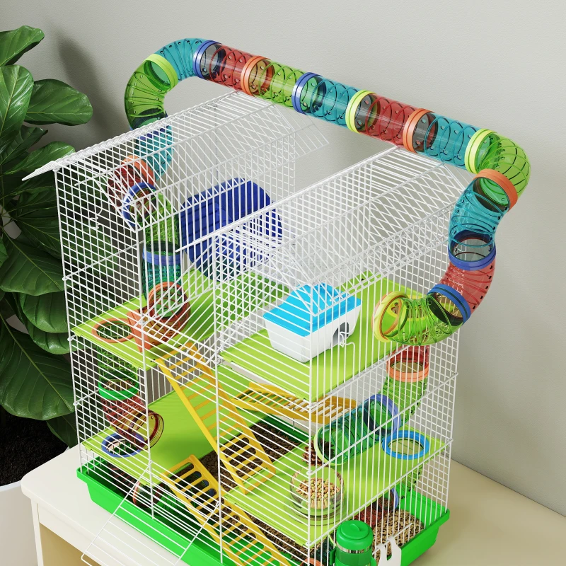 PawHut Jaula para Hámster de 5 Niveles 47x30x59 cm con Túnel Comedero Bebedero Casita Rueda de Ejercicio Escaleras Verde