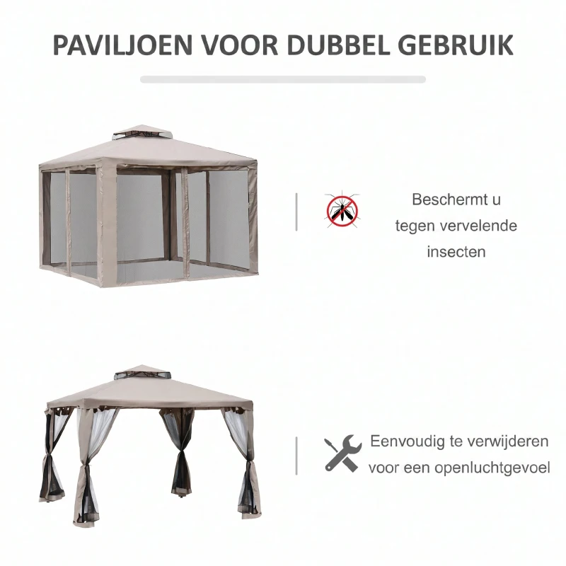 Outsunny Tuinpaviljoen 3x3, Tuin Paviljoen met Dubbel Dak, UV Bescherming voor Familie, Grauw