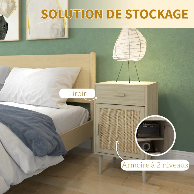 HOMCOM Lot de 2 tables de chevet, tables de nuit avec tiroir et placard, étagère réglable, 40 x 40 x 68,5 cm, chêne