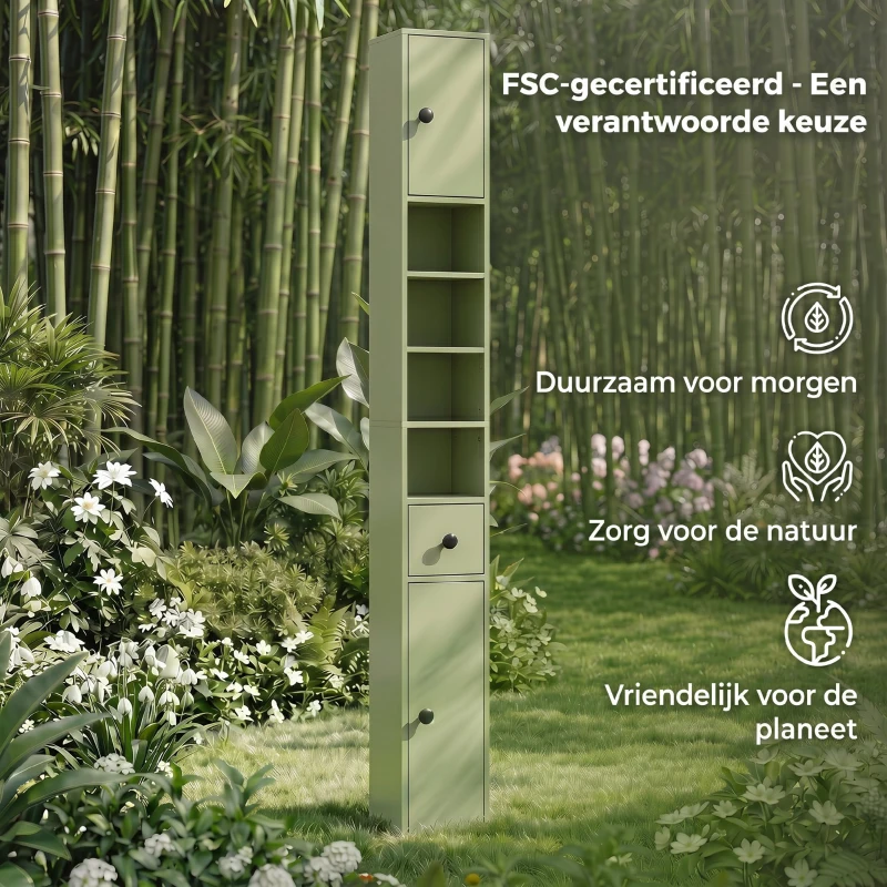 kleankin Smalle badkamerkast met lade en 4 open vakken voor kleine ruimtes 20 x 20 x 180 cm Groen