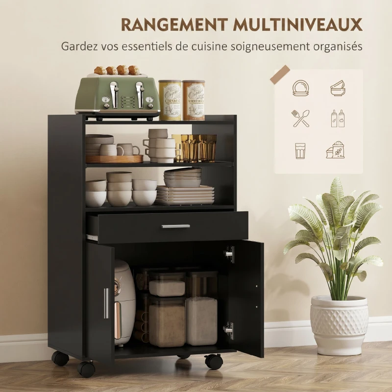 HOMCOM Chariot de cuisine sur roulettes, desserte micro-onde à roulettes avec placard tiroir étagères, 59 x 40 x 92 cm, noir