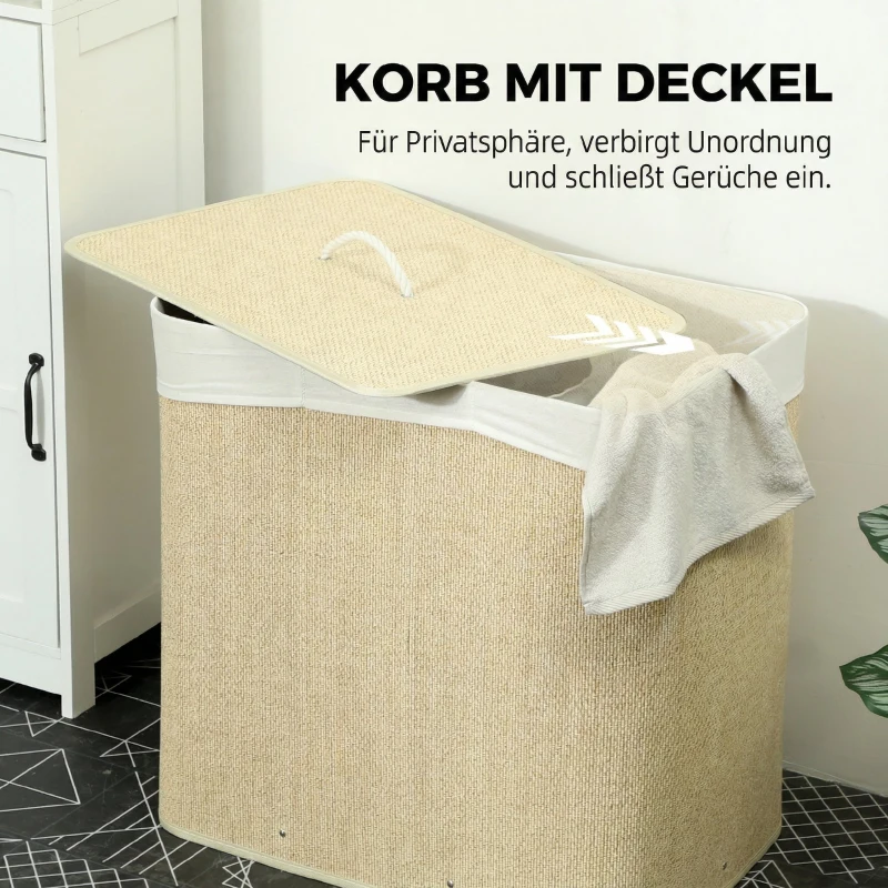 HOMCOM Bambus Wäschekorb mit Deckel 3 Fächer 144L Wäschesammler mit Seilgriffen, herausnehmbarer Wäschesack