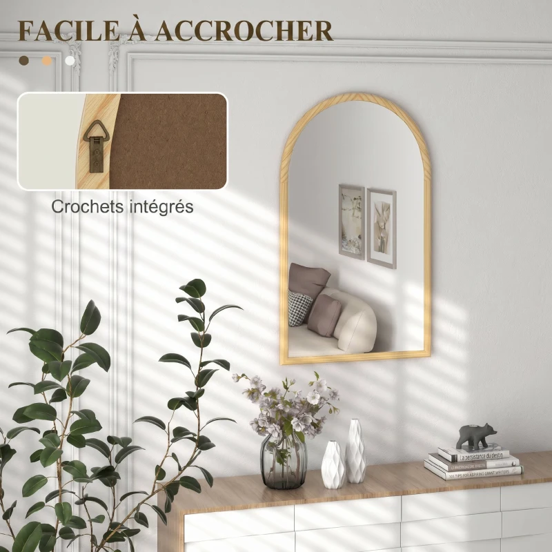 HOMCOM Miroir mural arche, 110 x 65 cm Cadre en bois, Miroir arqué pour le salon, la chambre, l'entrée, bois naturel
