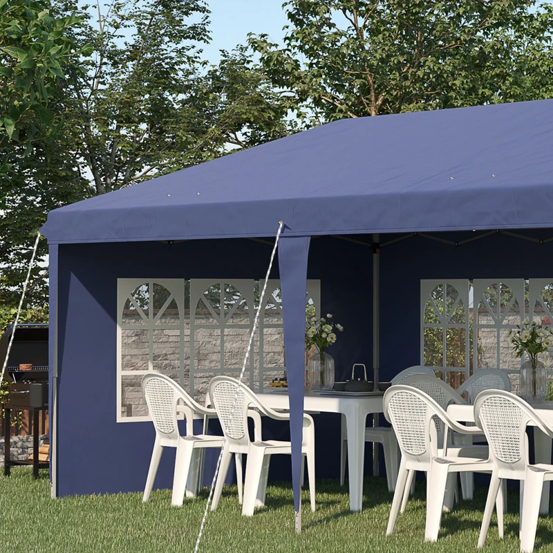 Outsunny Opklapbare tuinpaviljoen van 6 x 3 m, halfopen, verwijderbare zijwanden, grote ramen, draagtas, stalen frame, blauw