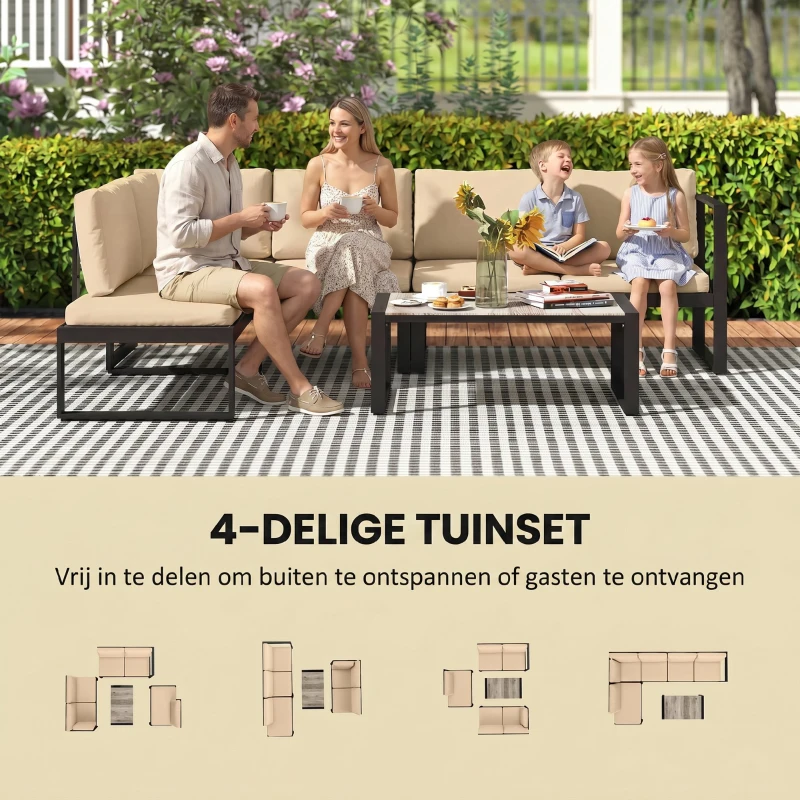 Outsunny 4-delige tuinmeubelset, sofaset met 2 tweezitsbanken, stoel zonder armleuningen en salontafel, voor balkon, khaki