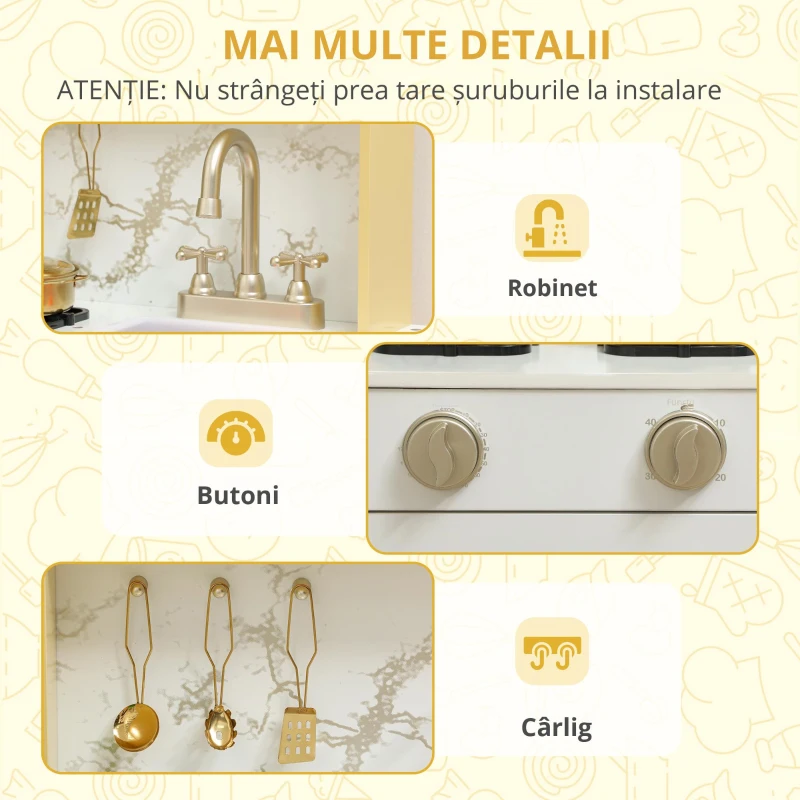 AIYAPLAY Bucătărie de jucărie din lemn cu sunet, cu accesorii din oțel inoxidabil, legume de tăiat, auriu