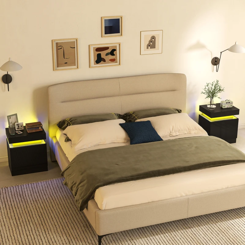 HOMCOM Set 2 Comodini LED a 16 Colori e 4 Modalità con 2 Cassetti, in Legno, 45x35x52 cm, Nero