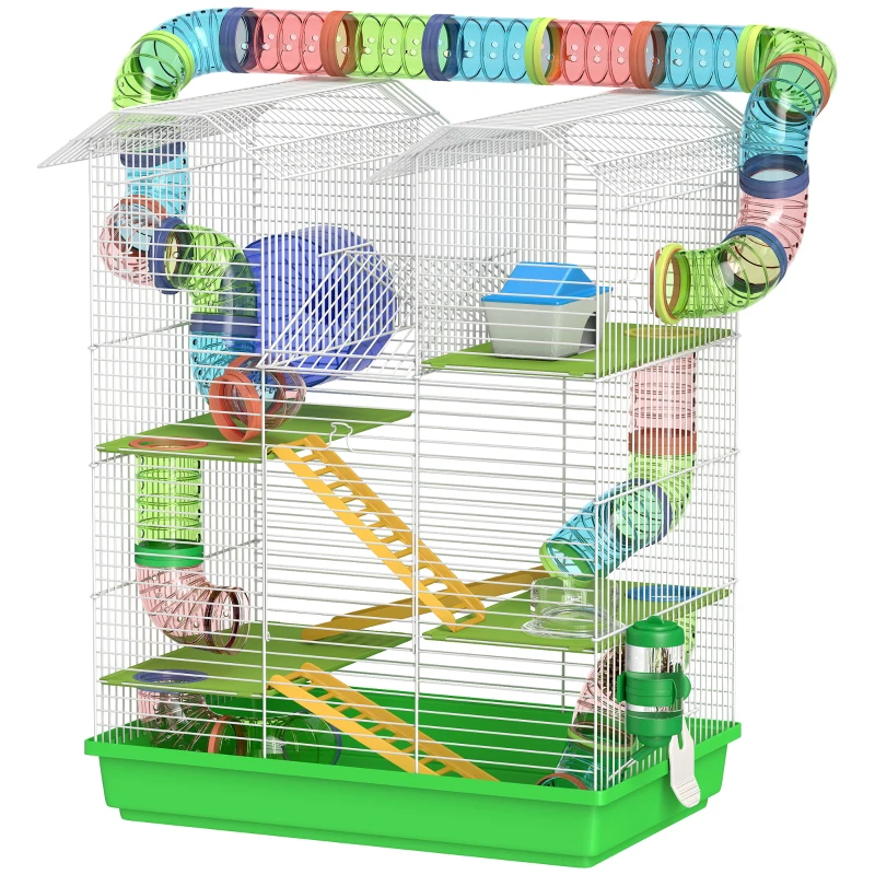 PawHut Jaula para Hámster de 5 Niveles 47x30x59 cm con Túnel Comedero Bebedero Casita Rueda de Ejercicio Escaleras Verde