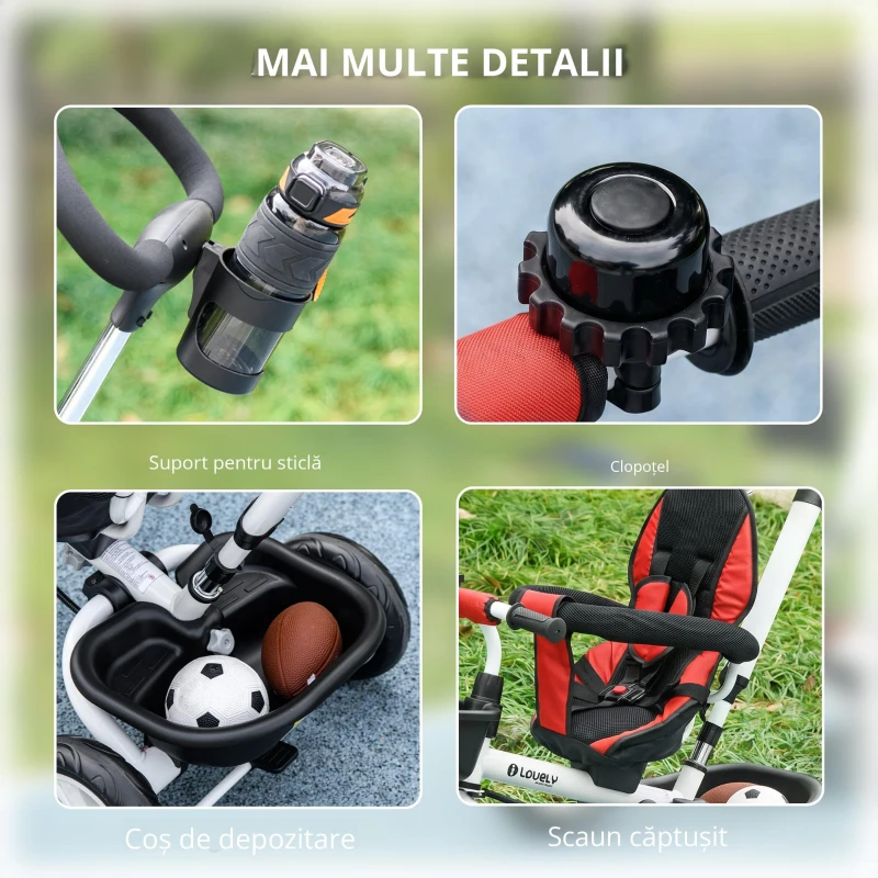 HOMCOM Tricicletă pentru copii 6-in-1 cu Mâner de Împingere, Terasă, Centură, Coș, 18+ Luni, Roșu