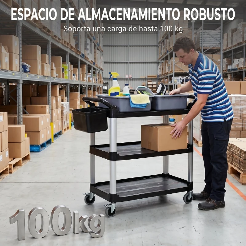 HOMCOM Carro de Limpieza con Ruedas con 3 Estantes 2 Contenedores y Cubo Lateral Colgante Carga 100 kg Negro