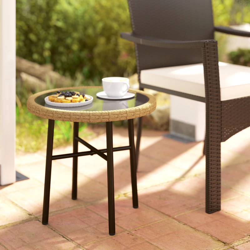 Outsunny Table Basse Ronde de Jardin, Table d'Appoint Exterieur en Résine Tressée et Plateau en Verre Trempé, 46x46x43cm, Naturel