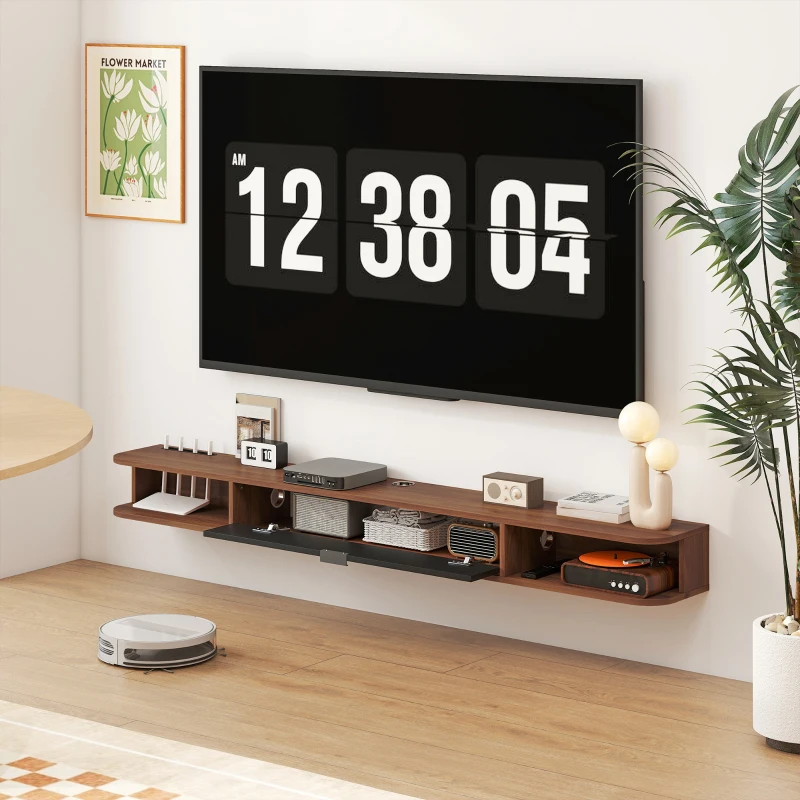 HOMCOM Mueble TV Suspendido para Televisor de hasta 190,5 cm con Cajón Abatible 2 Estantes 180x24x16 cm Nogal