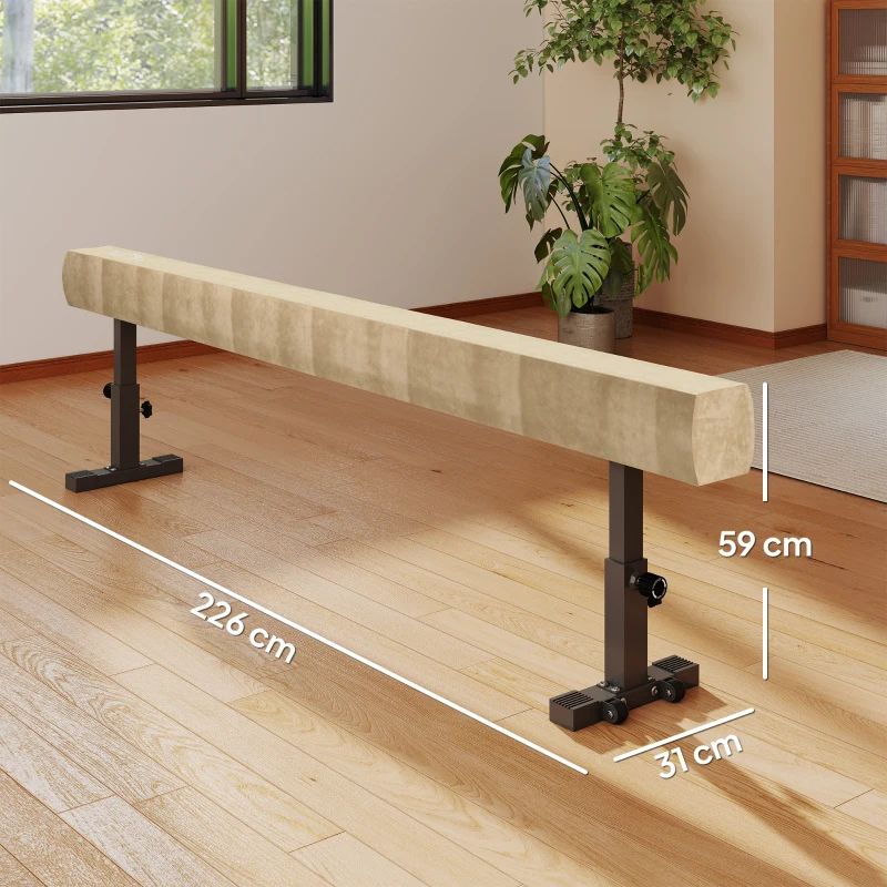 HOMCOM Poutre de Gymnastique 226 cm Antidérapant, Hauteurs Réglable, avec Roulettes, en Acier et Bois Massif, Marron