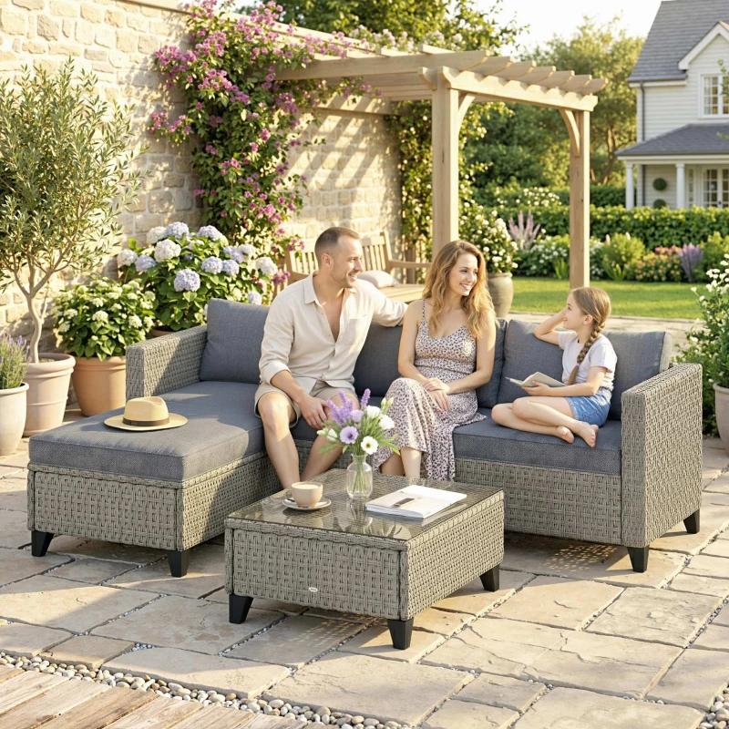 Outsunny 5-Piece Rattan Patio Furniture Set with Corner Sofa, Footstools, Coffee Table, for Poolside, Dark Grey