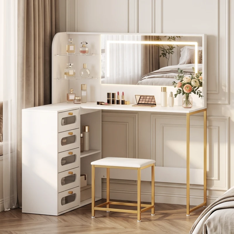 HOMCOM Dressing Table with LED Mirror and Stool, L-Shaped Vanity Desk with Drawers and Shelves, White