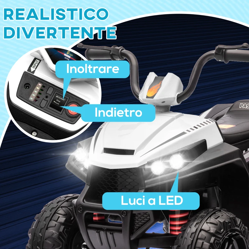 AIYAPLAY Quad Elettrico per Bambini 12V con 2 Motori, Sospensioni, Fari LED, MP3, 37-60 Mesi, Interno Esterno, Bianco
