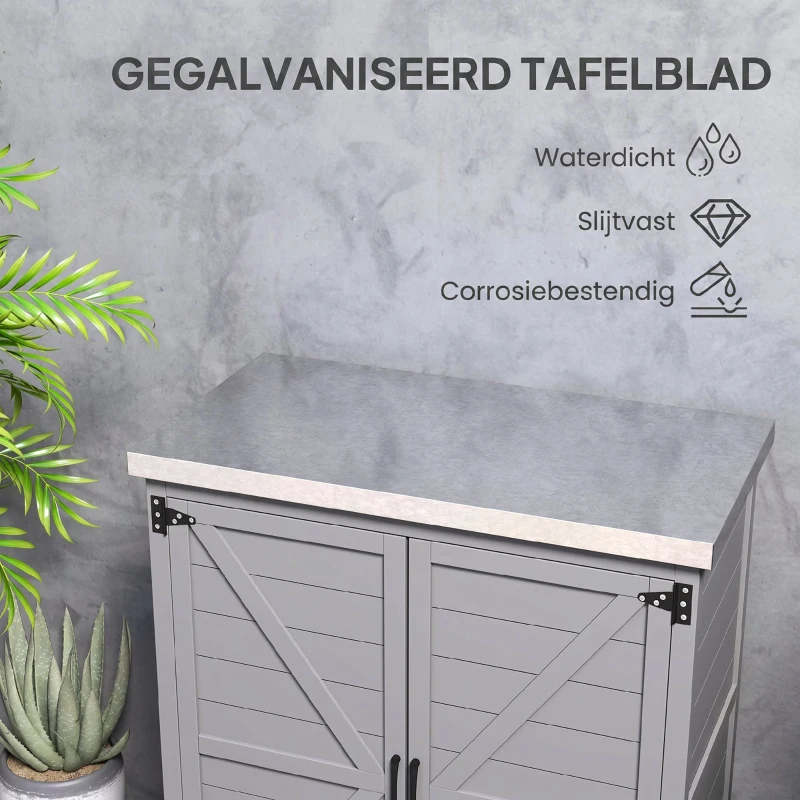 Outsunny Tuinkast, Buitenkast met Werkvlak, Gereedschapskast, Massief Hout, Staal, 79B x 43D x 92H cm, Grijs(m-5)