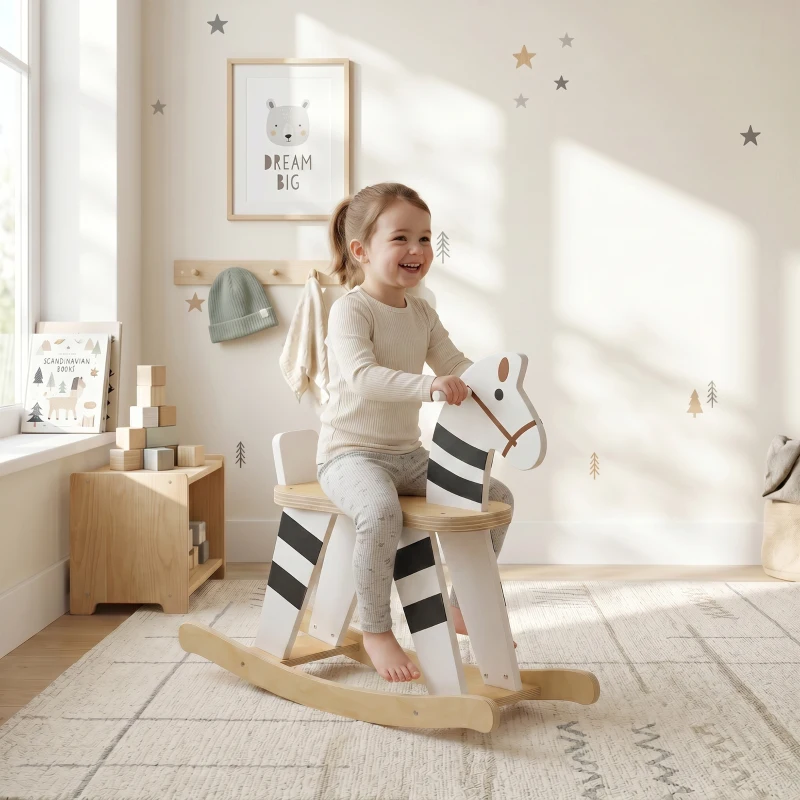 AIYAPLAY Caballito Balancín para Bebés Caballo Balancín con Base de Madera y Respaldo para Niños de 1,5 a 3 Años Negro y Blanco