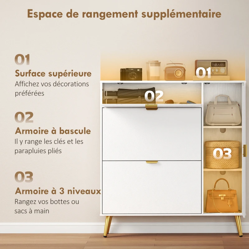 HOMCOM Meuble à chaussures 12 paires, armoire à chaussures, 2 tiroirs rabattables, 4 compartiments, 99,4x23,8x106,6cm, blanc
