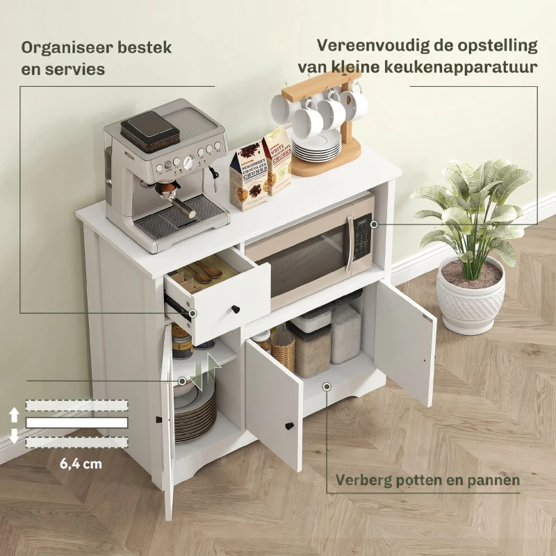 HOMCOM Keukenkast met Kabeldoorvoer, Commode met 2 Kasten, Open Vak, Lade, 80 x 35 x 72,2 cm, Spaanplaat, Wit(m-4)