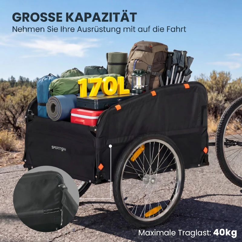 SPORTNOW Fietskar 170 Liter met Koppeling, Afdekhoes, 51 cm Snelspanwielen, Luchtbanden, tot 40 kg