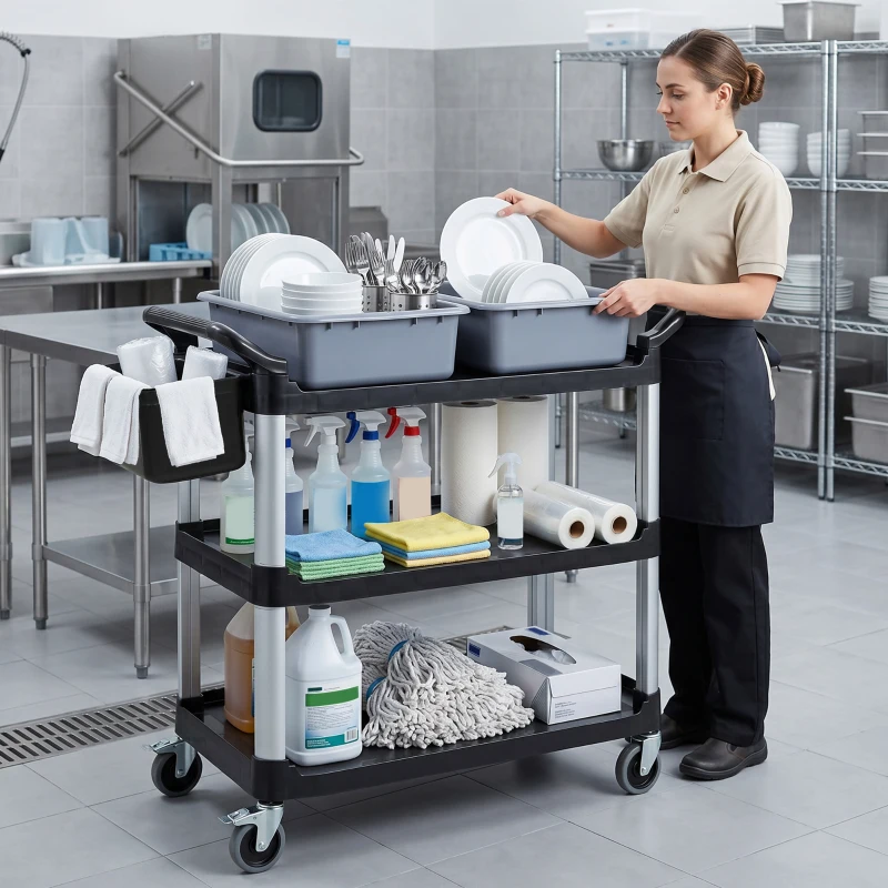 HOMCOM Carro de Limpieza con Ruedas con 3 Estantes 2 Contenedores y Cubo Lateral Colgante Carga 100 kg Negro