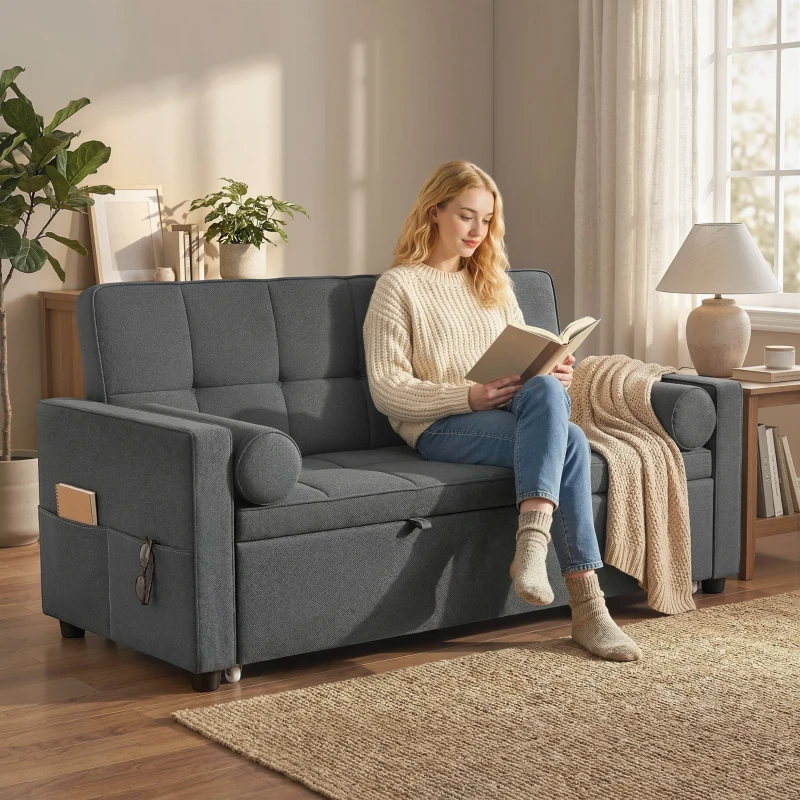 HOMCOM Canapé convertible 2 places 3 en 1 canapé-lit avec lit gigogne double dossier réglable 2 coussins 80,5x137,5x84cm gris