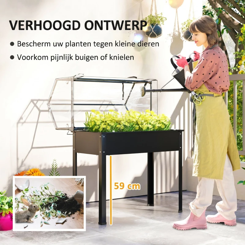 Outsunny Verhoogde Tuinbak met Kasdak, Verhoogde Plantenbak met Afvoergaten, 100 x 48 x 124 cm, Zwart