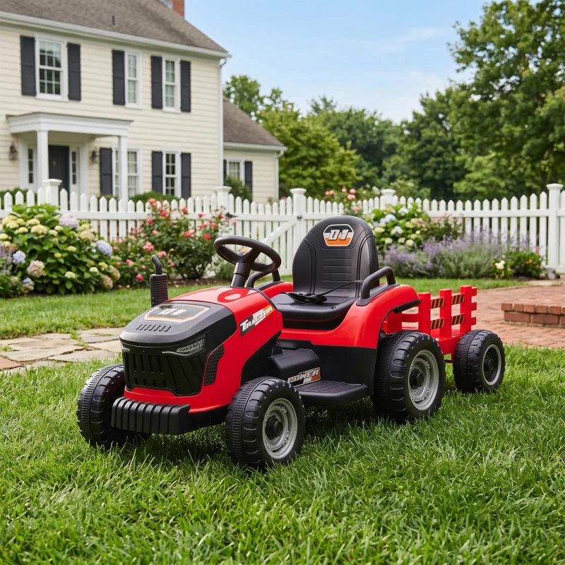 AIYAPLAY Tracteur électrique enfants avec remorque amovible, voiture électrique enfants, télécommande 2,4G, 139x58x55cm, rouge