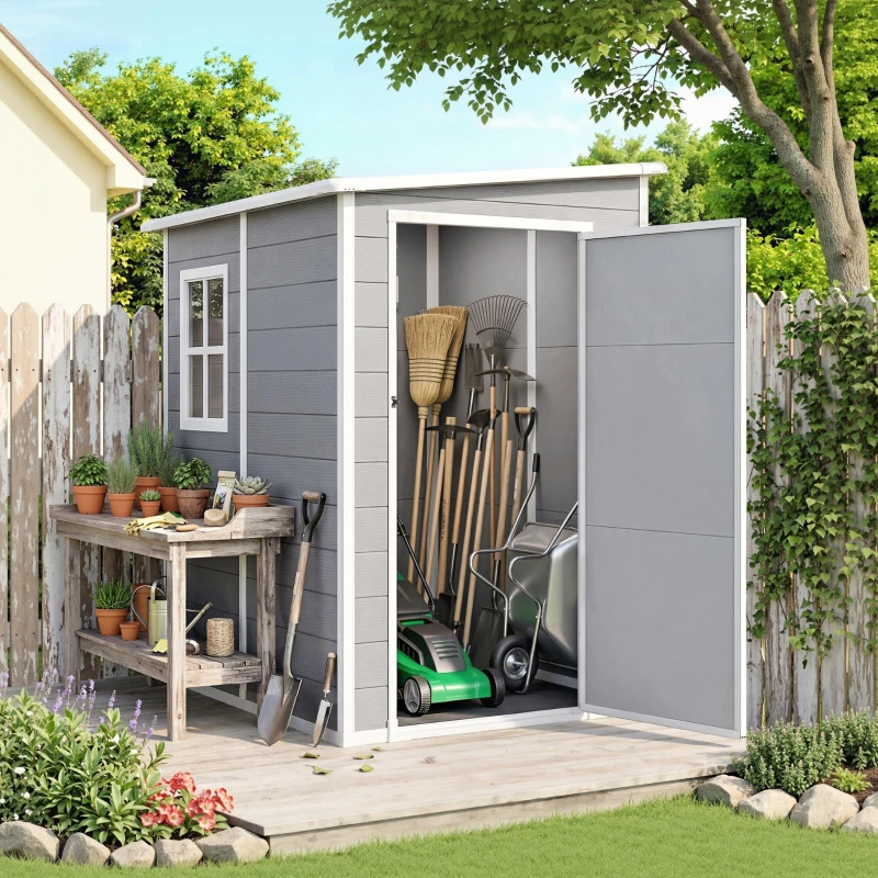 Outsunny 4 x 5FT Plastic Garden Shed with Floor, Lean to Shed, Lockable Tool Storage House with Window, Vent and Plastic Roof, Grey