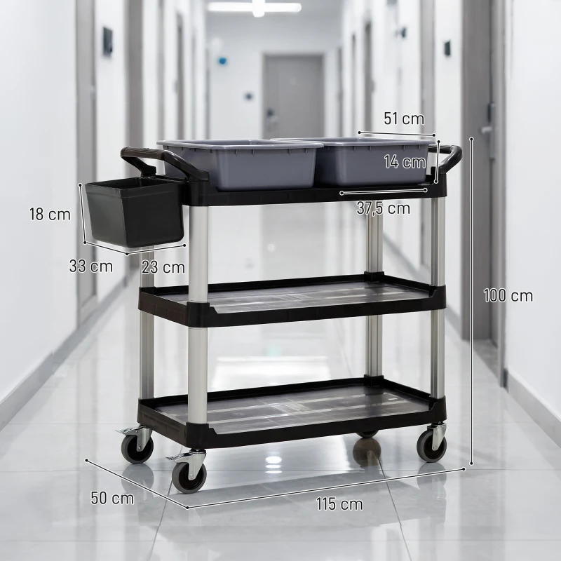 HOMCOM Carro de Limpieza con Ruedas con 3 Estantes 2 Contenedores y Cubo Lateral Colgante Carga 100 kg Negro