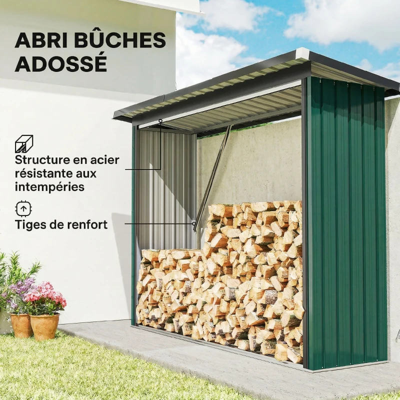 Outsunny Abri-bûches Couvert Support pour Bois de Chauffage Plancher Surélevé Toit Incliné, Acier Galvanisé 213x66,5x150cm Vert