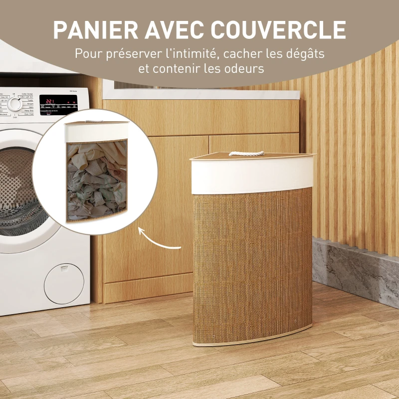 HOMCOM Panier à Linge en Bambou 55L, Panier Triangle avec Sac Amovible et Lavable, Couvercle, Poignée, 35x35x60cm, Marron