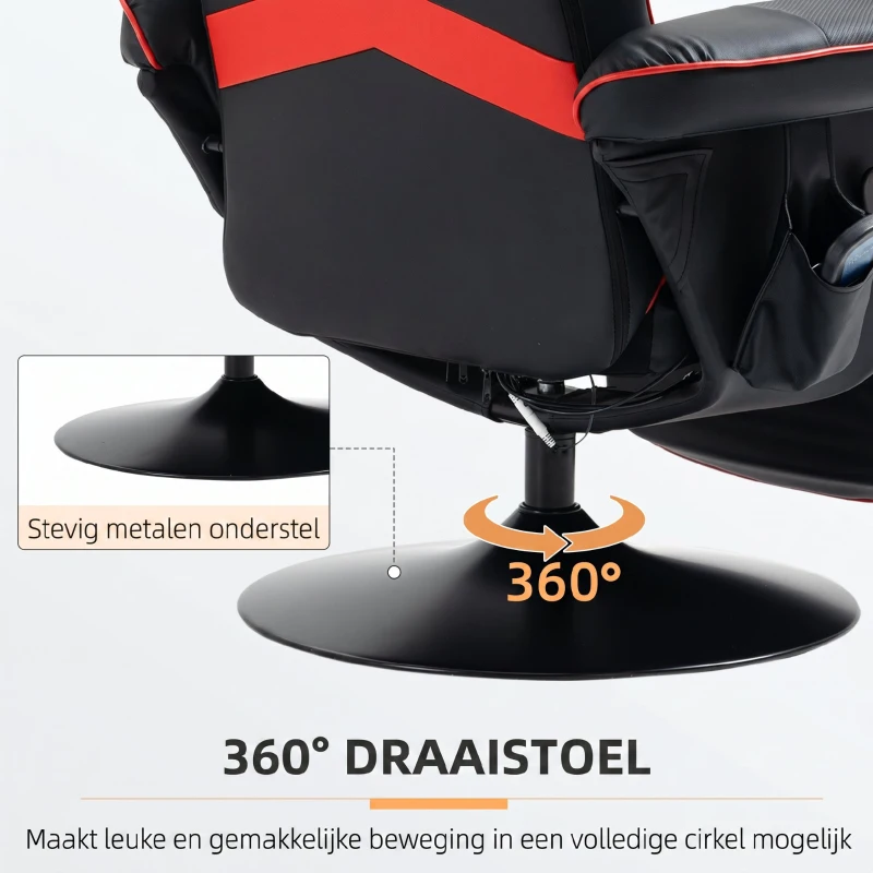 HOMCOM Gaming-stoel met massagefunctie, inclusief voetensteun, ligfunctie, rood + zwart.(m-7)