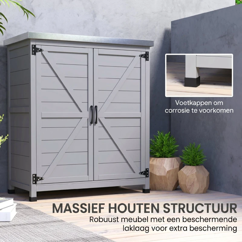 Outsunny Tuinkast, Buitenkast met Werkvlak, Gereedschapskast, Massief Hout, Staal, 79B x 43D x 92H cm, Grijs(m-7)