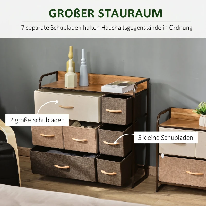 HOMCOM Kommode Schrank mit 7 Schubladen aus Leinen Schubladenschrank mit Metallrahmen für Wohnzimmer, 80x29x78,5 cm