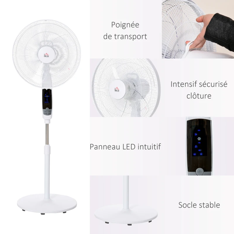 HOMCOM Ventilateur sur pied hauteur réglable oscillant 85° 3 vitesses 50 W avec écran LED télécommande minuterie Ø 42 cm blanc