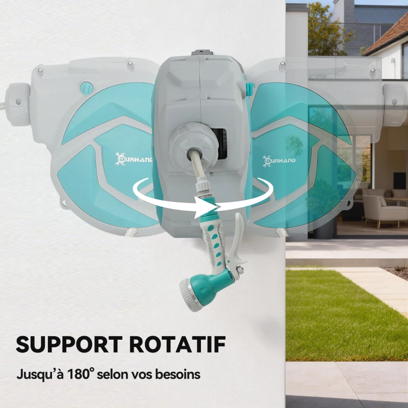 DURHAND Enrouleur Tuyau Arrosage Mural Automatique 10 + 1 m, Pivotant 180°, Buse à 7 Modes, pour Jardin, 28x14x34cm, Vert