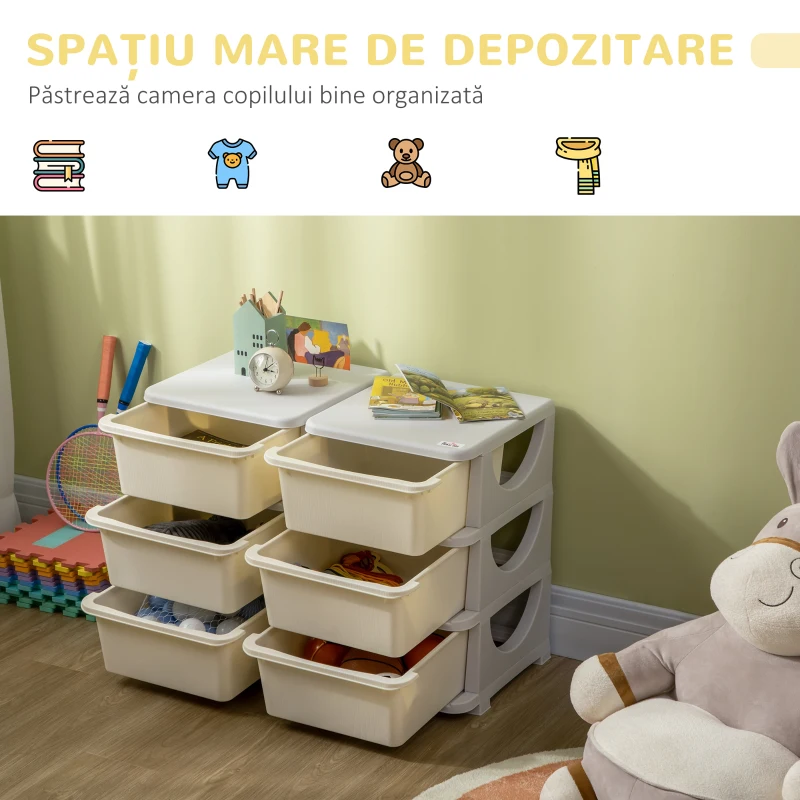 HOMCOM Comodă cu 6 sertare pentru copii de 3-6 ani, cu margini rotunjite, din PP crem, 75x37x56.5 cm