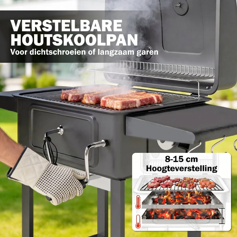 Outsunny Houtskoolgrill BBQ Smoker met deksel thermometer verstelbare kolenbak schoorsteen grillrooster zijtafel aslade