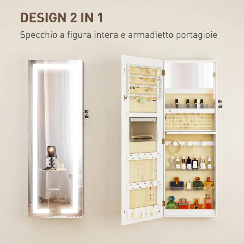 HOMCOM Armadietto Portagioie da Parete o Porta con Specchio Interno e Luci LED, con Serratura e Chiave, Tasca con Zip, Bianco