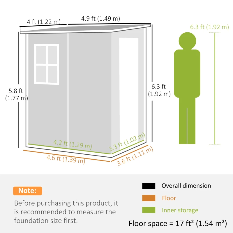 Outsunny 4 x 5FT Plastic Garden Shed with Floor, Lean to Shed, Lockable Tool Storage House with Window, Vent and Plastic Roof, Grey