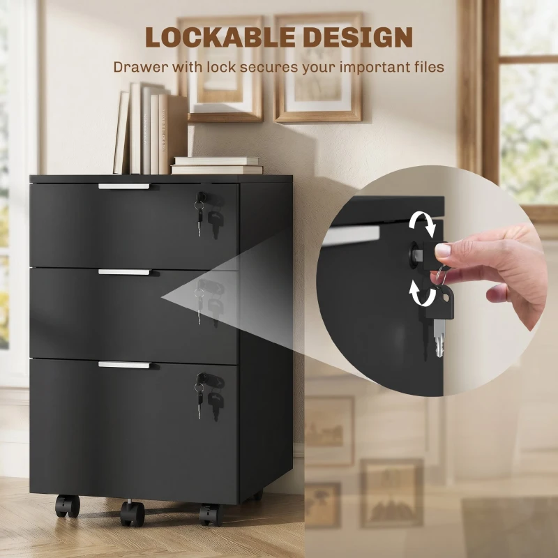 HOMCOM Schedario da Ufficio con 2 Cassetti, Serratura, Ruote a Freno, per Formato A4/Legale, 42x40x60 cm, Nero