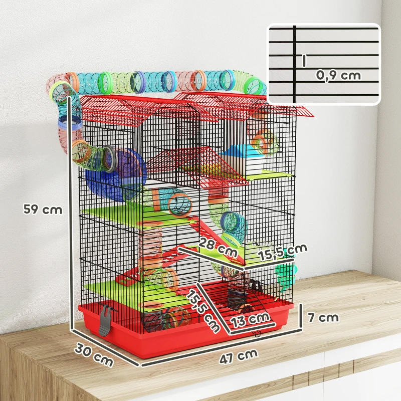 PawHut Jaula para Hámster de 5 Niveles 47x30x59 cm con Túnel Comedero Bebedero Casita Rueda de Ejercicio Escaleras Rojo