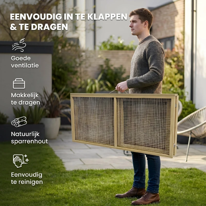 PawHut Kleindierenkooi, Konijnenstal met Opklapbaar Dak, Grenenhout, 120x120x57cm, Natuur(m-6)