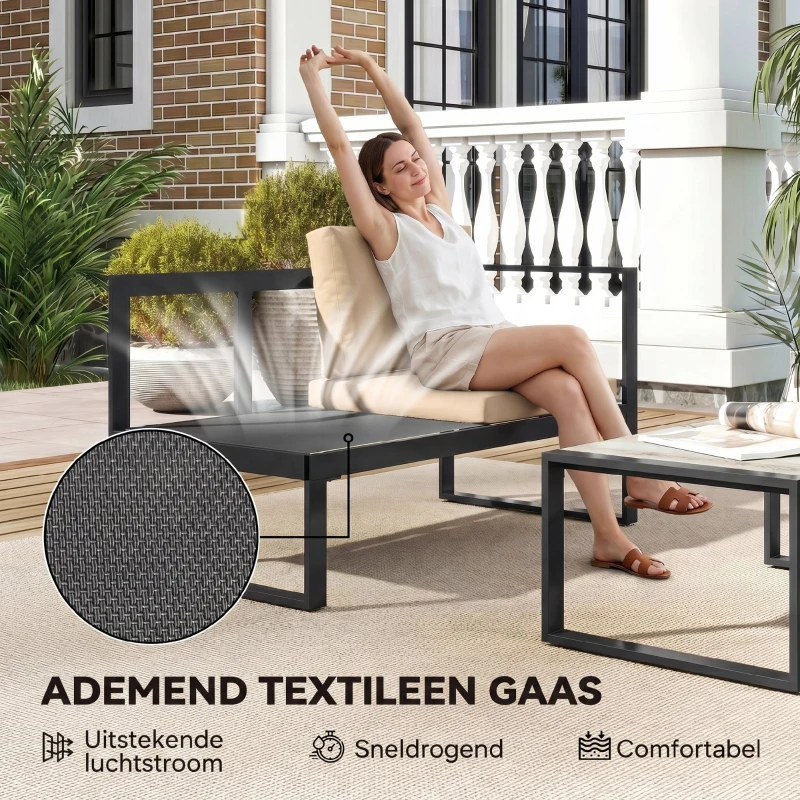 Outsunny 4-delige tuinmeubelset, sofaset met 2 tweezitsbanken, stoel zonder armleuningen en salontafel, voor balkon, khaki