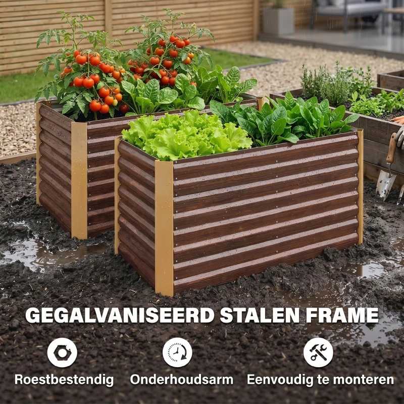 Outsunny Hoogbed set van 2, plantenbak, extra diep, metaal, 120 x 60 x 60 cm Bruin
